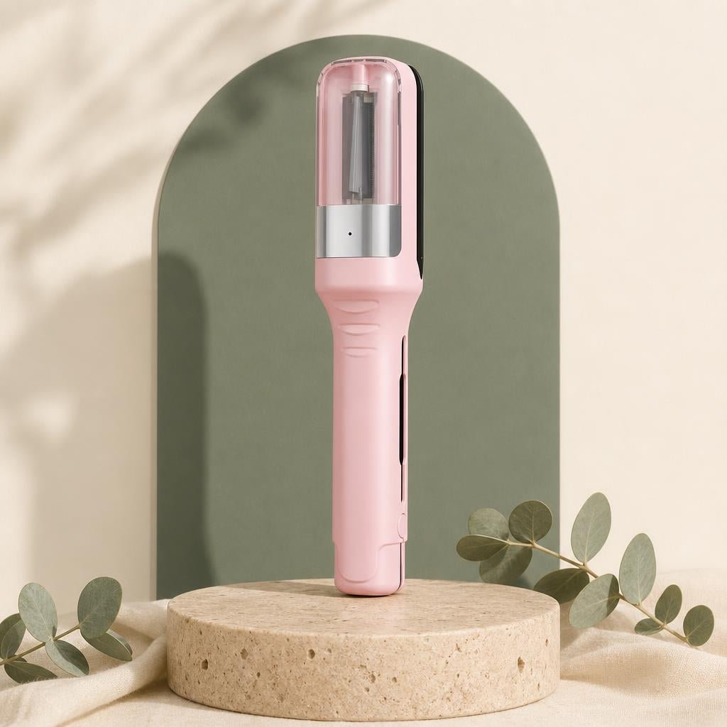 Glide split end trimmer in pink on a travertine plinth